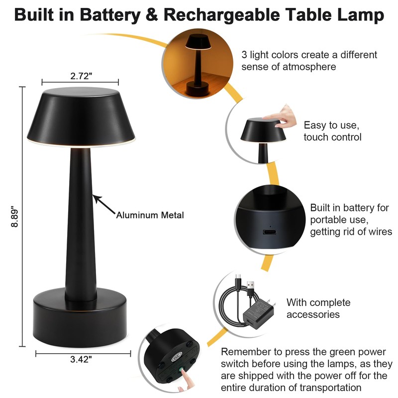 2 Pack Small Cordless Table Lamp, Battery Operated Black Lamp