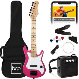 Best Choice Products 30in Kids Electric Guitar Beginner Starter Kit w/ 5W Amplifier, Strap, Gig Bag, Strings, Picks - Pink Sparkle