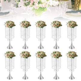 Rocoreny 10 Pcs Crystal Flower Stand Set,21.9In Silver Flower Vase Chandelier Wedding Tall Centerpieces Stand,Display Aisle Stand for Lawn Hotel Opening Ceremony Banquet Hall Decor