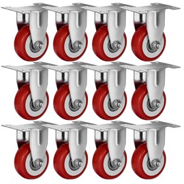 12 Pack 2" Caster Wheels On Red Polyurethane Wheels Top Plate Non Swivel Rigid Fixed Stationery