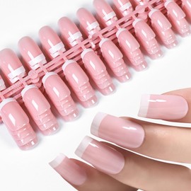 120Pcs 5 Packs French Tips Glossy Light Pink Press on Nails Glossy French Nail Art Tips Squoval False Nails Salon Manicure Kits Reusable Acrylic Fake Fingernails with Adhesive Tabs