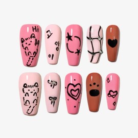 Sun&Beam Nails Handmade Nail Tips, Medium, Long, Coffin Ballerina, White, Black, Pink, False Claws, Hand-painted, Cat Design, Fashionable, Set of 10 (#158 S)