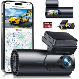 GKU 4K Dash Cam Car Front Rear, 5G WiFi & GPS, Dual Dash Cam, 1.5 Inch IPS Mini Car Camera with 64GB SD Card, Parking Monitoring, Super Night Vision, WDR, 170° Wide Angle, G-Sensor, App Control, Max