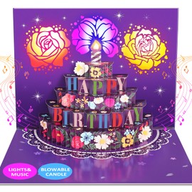 FITMITE Birthday Cards, LIGHTS & SOUND Pop up Happy Birthday Card Birthday Gifts for Women Men Husband Wife Kids Greeting Cards With Envelopes, Purple