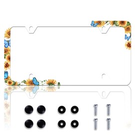 Blue Butterfly Sunflower License Plate Frame Funny License Plate Frames Personalise Stainless Steel Design Compatible with Standard License Plate Holder for USA and Canada 6 X 12 with Screws