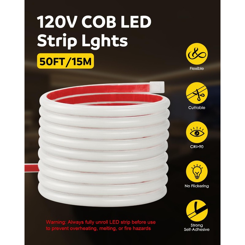 Aclorol 50ft AC 110V COB LED Strip Lights Outdoor Waterproof