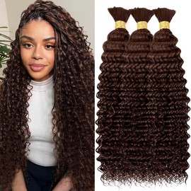 Human Braiding Hair for Boho Braids 150g 20 Inch Chocolate Brown Curly Boho Hair for Braiding Knotless 12A Deep Wave Bulk Bohemian 3 Bundles/Pack Color 4