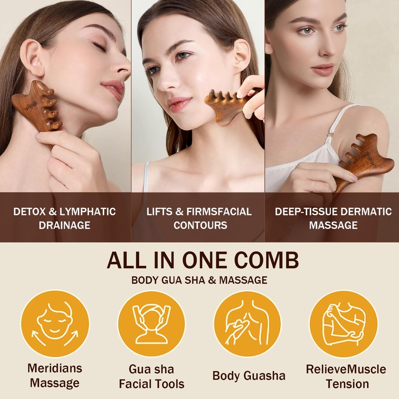 MoyRetty 4-in-1 Gua Sha Tool, Sandalwood Face & Body Massager,