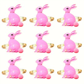 9PCS Easter Napkin Rings, Rhinestone Easter Bunny Napkin Holder Rings for Table Decor Cute Rabbit Carrot Napkin Ring for Spring Party Banquet (9PCS Pink Enamel Bunny)