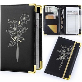 Server Books for Waitress, PU Leather Server Book with Zipper Pockets, Flower Pattern Waitress Book with Pen Holder Fit Server Apron Check Presenters for Restaurants - Color: Black