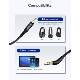 Mr Rex 2.5mm to 3.5mm Audio Cable Headphone Replacement Cord Nylon Braided Aux Cable Stereo Adapter for Bose 700 QuietComfort QC45 QC35II QC35 QC25 Headphones, JBL E45BT E55BT Headsets 16.5ft/5m,Black