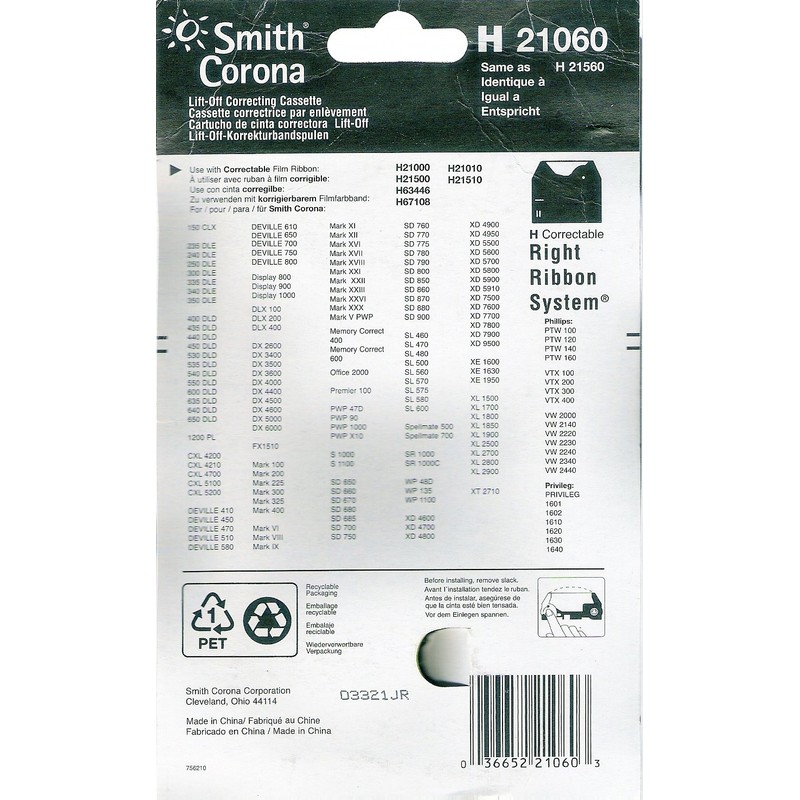 SMITH CORONA CASSETTE LIFT OFF CORRECTING CASSETTE, 1/EA ( 21060