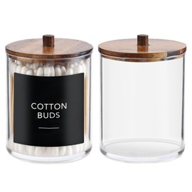 Temoyj 2 Pack Qtip Holder Dispenser with Wood Lids - 10 oz Clear Plastic Apothecary Jar Containers for Vanity Makeup Organizer Storage - Bathroom Accessories Set for Cotton Swab,Pads, Ball, Floss