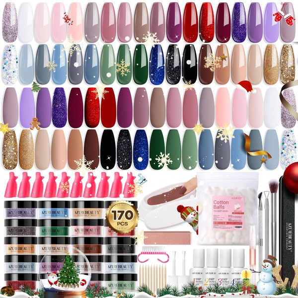 170Pcs Dip Nails Powder Starter Kit, AZUREBEAUTY 36 Colors Fall Winter Glitter Brown Dipping Powder with Top/Base Coat Activator & Removal Accessories Set for French Nail A rt Manicure Salon DIY Home