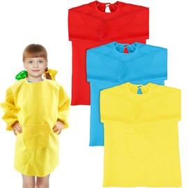 3 Pcs Kids Art Smock Painting Long Sleeve Apron Yellow Blue Red Artist Waterproof Aprons for Boys Girls Crafting Gardening Drawing Cooking, 3 Colors (6-12 Years(120-145 cm))