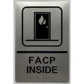 FACP INSIDE / fire alarm control panel inside SIGN Raised letters , Raised Image & Grade 2 Braille - Includes Red Adhesive pad for Easy Installation (9" W x 6" H , SILVER Color, Tacticle Sign, Aluminium) - The Sensation line