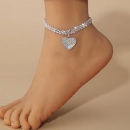 MIFYNN Heart Ankle Bracelets for Women Rhinestone Tennis Chain Love Heart Ankle Silver Foot Chain Crystal Anklet Beach Jewelry Adjustable 21+6cm (Silver3)