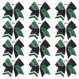 DEEKA 12 PCS Softball Cheer Bows 8" Softball Thread Large Cheer Hair Bows Ponytail Holder Handmade for Teen Girls Sports Cheerleader -Black/Green/White