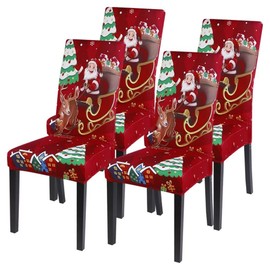 SearchI Christmas Chair Covers Set of 4, Stretch Xmas Dining Room Chair Protector Slipcovers, Spandex Holiday Parsons Chair Cover for Christmas Decoration, Home Decor, Ceremony（Santa Claus+elk）