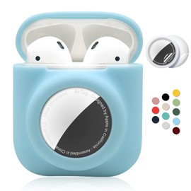 Funda protectora de silicona 2 en 1 compatible con AirPod 1 y 2 y AirTag, funda protectora suave y completa con 2 protectores de pantalla de TPU, antiarañazos, antipérdidas (azul)