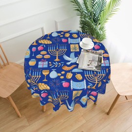 SLNFDKND Happy Hanukkah Jewish Festival Holiday Tablecloth Round Table Cloths Washable Holiday Table Cover Decorative for Kitchen Dinner Party One Size