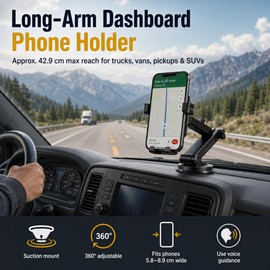 Long-Arm Car Phone Holder with Suction Cup – 16.9-Inch Adjustable Windshield or Dashboard Mount for Trucks, Vans, Pickups and SUVs
