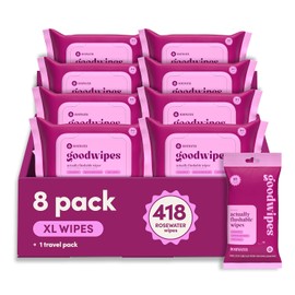 goodwipes Flushable Butt Wipes - Extra Large Adult Wet Wipes For Women & Men - Bathroom Essentials - Sewer & Septic Safe - Rosewater, 418 Count (8 Packs + 1 Travel)
