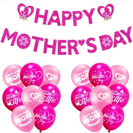 Mothers Day Decorations-20 Pcs Mothers Day Balloons,Happy Mothers Day Banner-I Love You Mum Pink Latex Balloons,Pink Mothers Day Bunting,Best Mum Gifts from Daughter Son for Mum Grandma Birthday Part