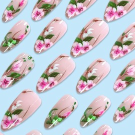 Medium Press on Nails Almond Fake Nails with Pink Floral Designs Nude Nails Press ons Glossy Glue on Nails Spring Acrylic Nails Summer False Nails Artificial Stick on Nails for Women 24Pcs