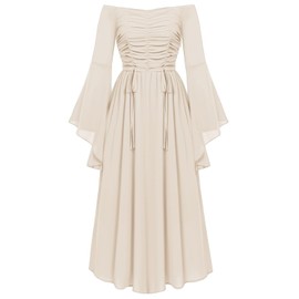 Scarlet Darkness Women Renaissance Costume Bell Sleeve Off Shoulder Maxi Medieval Dress Apricot M