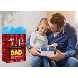 JUESMOS Fathers Day Gift Bag with Handle - 13" Large Father's Day Gift Bag with Tissue Paper - Fathers Days Paper Bag for Dad Daddy Stepdad Best Dad Grandfather Husband Fathers Days Party Favor Supplies