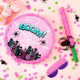 Halloscume Pink Spider Piñata Birthday Party Favors Set Spider Party Decor with Batting Stick Eye Mask Blindfold and Confetti for Cartoon Hero Movie Theme Decorations