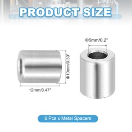 PATIKIL 6 Pcs Stainless Steel Spacers, 5mm ID x 10mm OD x 12mm Height 304 Stainless Steel Bushing Screw Standoff Unthreaded Round Spacer for 3/16"M5 Screws Bolts Nuts