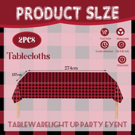 2pcs 137*274cm Red Black Checkered Table Cloth Party,Square Plastic Table Cloth Wipe Clean,Gingham Pvc TableCloths Rectangular Waterproof Plaid Table Cover for Birthday Christmas Party TableCloth