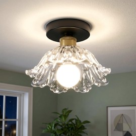 Helitemis 1-Light Vintage Semi Flush Mount Ceiling Light, Black and Gold Glass Shade Close to Ceiling Light Fixture, E26 Base Retro Lighting for Hallway Entryway Kitchen Bedroom