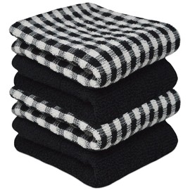 Towelogy® 4 Pack Kitchen Towel Set Monocheck Black 100% Cotton Terry Tea Towels for Drying Dishes Multipurpose Dish Towels | Highly Absorbent & Durable 45x65cm (Black White, 4)