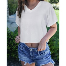 Womens Crop Tops V Neck Short Sleeve T Shirts Loose Fitting Workout Top Baisc Tees(White,M)