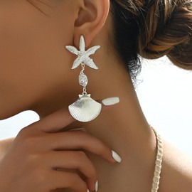 Gold Shell Starfish Dangle Earring Asymmetric Summer Earrings for Women Ocean Beach Party Jewelry (Silver)