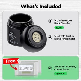 AURAFY Stash Jar with Hygrometer Lid - UV Glass, Airtight & Odour Proof for Storing Herbs & Spices - Includes 2 Pack 62% RH 2-Way Moisture Control Packs (120ml)