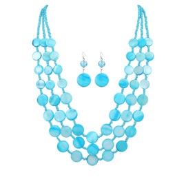 Rosslyons Multi layered Chunky Beaded Necklaces for Women Boho Colorful Shell Strand Statement Necklaces With Earrings Set Fashion Costume Jewelry Gifts (Aquamarine)