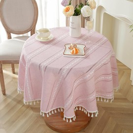 meioro Stitching Tassel Tablecloths,Stripe Table Cloth Cotton Linen Tablecloth,Textured Fabric Table Cover,Wrinkle Resistant Table Covers for Kitchen Dinning,Round 55 Inch,2-4 Seats,Pink