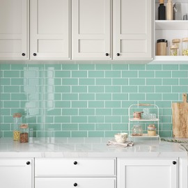 VEELIKE Aqua Green Subway Tile 6 Sheets Peel and Stick Backsplash for Kitchen Backsplash Tiles Ceramic Tile Stickers 12''x12'' Adhesive Renter Friendly Stick on Tiles for Bathroom Walls Laundry Room