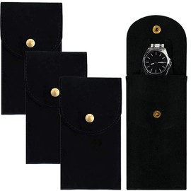 XYTAHDM Pack of 3 Velvet Watch Bags, Single Watch Storage Bag, Watch Travel Case, Portable Watch Organiser with Hinged Lid for Watch Rings, Jewellery, Coins, 13 x 7 cm (Black)
