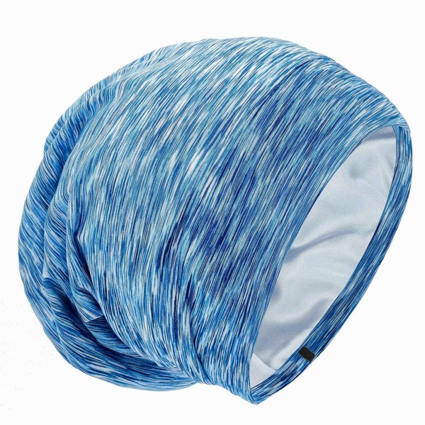 Silk Satin Lined Bonnet Sleep Cap - Adjustable Stay on All Night Hair Wrap Cover Slouchy Beanie for Curly Hair Protection for Women and Men - Heather SkyBlue