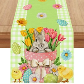 Linen Green and White Buffalo Check Plaid Easter Table Runner 72 Inches Long Easter Egg Bunny Chick Daisy Tulip Floral Table Decor Spring Summer Easter Home Kitchen Dining Room Table Decorations