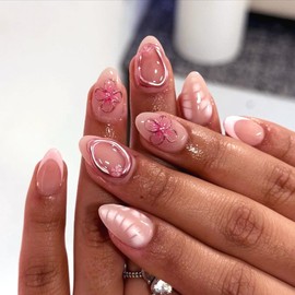 Short Almond Press on Nails Pink Flowers Fake Nails 3D Gold Line Crocodile Designs Full Cover Glossy Glue on Nails for Women 24PCS