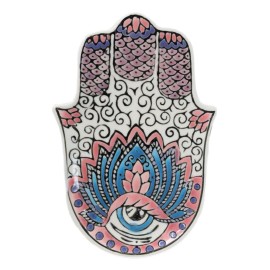Pink Chakra Hamsa Palm Mandala and Evil Eye Ceramic Dish Brass Incense Holder