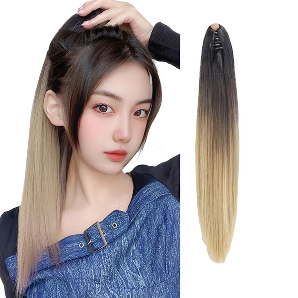 Women's Clip-On Colorful Gradient Ponytail Wig, Long Straight Hair Extensions, Wig, Point Wig, Heat Resistant (19.7 inches (50 cm), Light Gold)