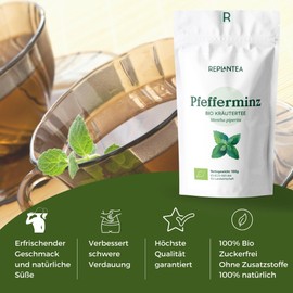 Organic Peppermint Tea Loose 100 g (+ 50 Cups) Peppermint Leaves Dried and Cut Replantea