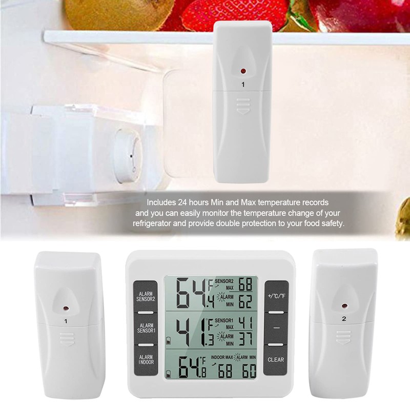Refrigerator Thermometer, Wireless Digital Freezer Thermometer with 2 Sensors &